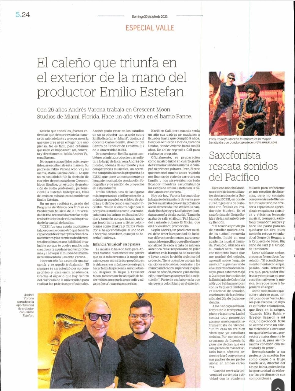 Artículo El Tiempo — Saxofonista rescata sonidos del Pacífico